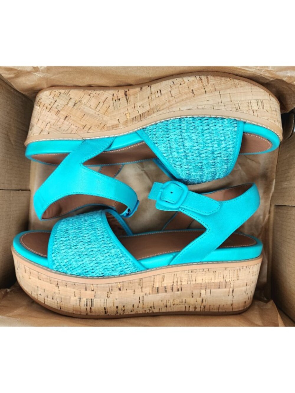 FitFlop Eloise Cork-Wrap Woven Women's Platform Wedge Sandals Blue Leather US 9 - Picture 2 of 4